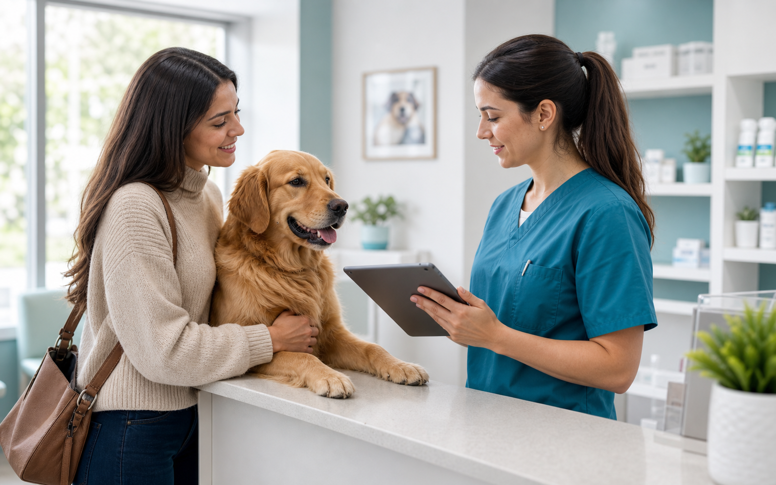 Tutor e cachorro em recepção veterinária moderna