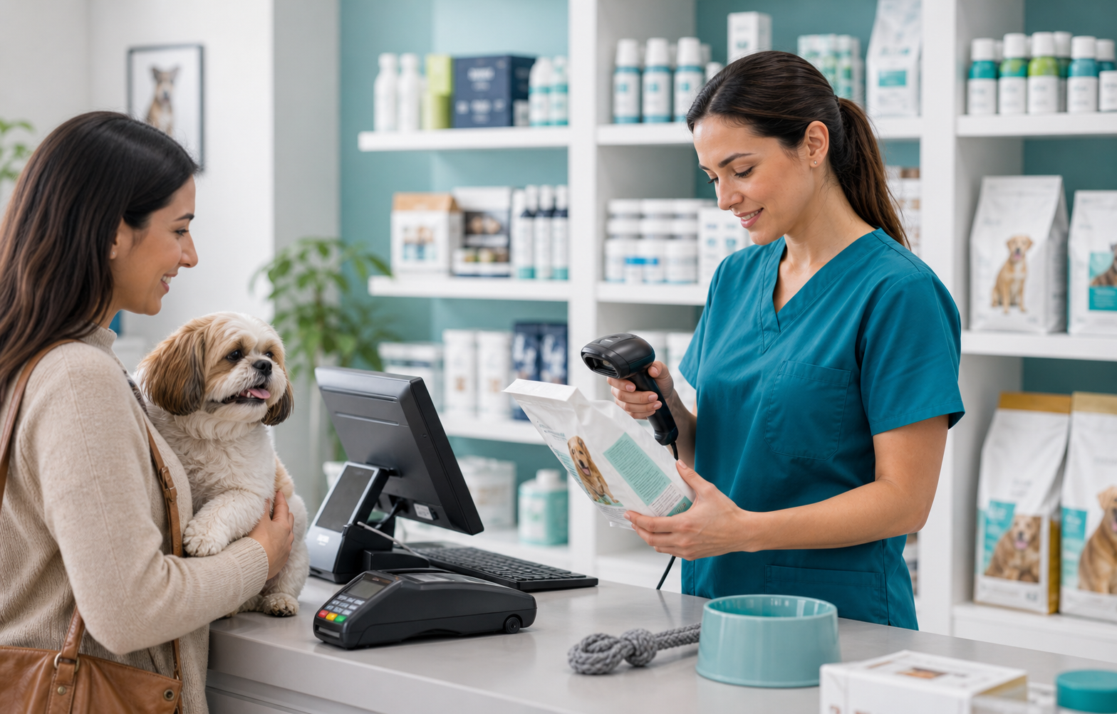 Balcão veterinário com produtos, scanner e terminal POS