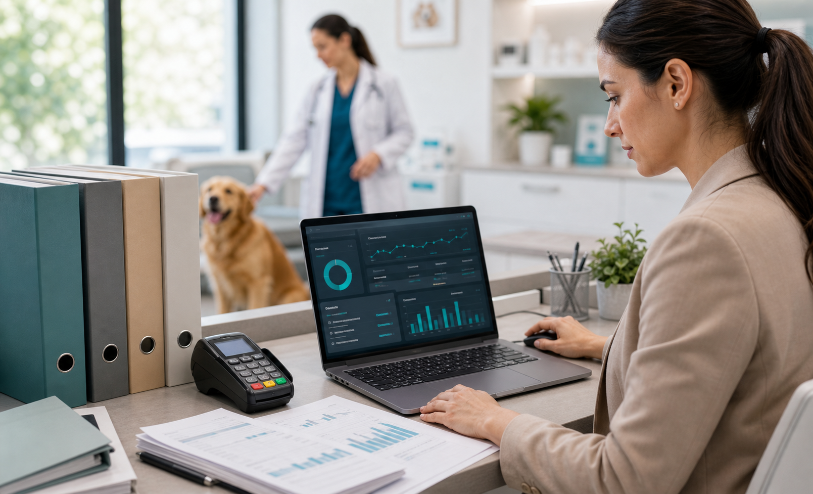 Mesa administrativa de clínica com painel financeiro e terminal