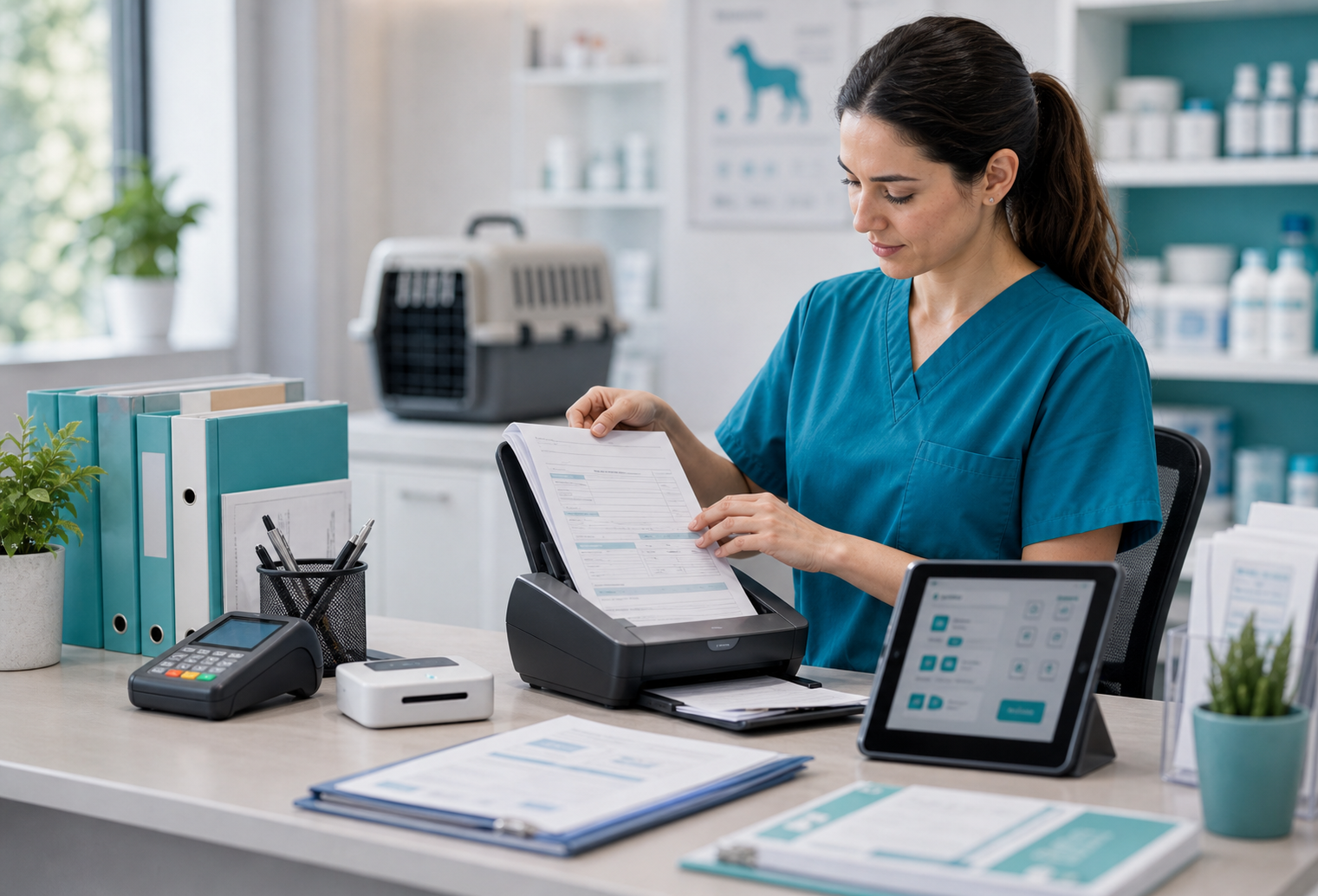 Documentos veterinários sendo digitalizados em mesa administrativa