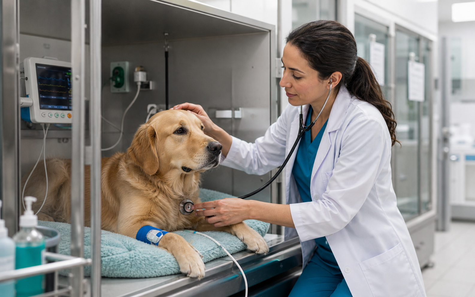 Veterinária acompanhando cachorro em área de internação