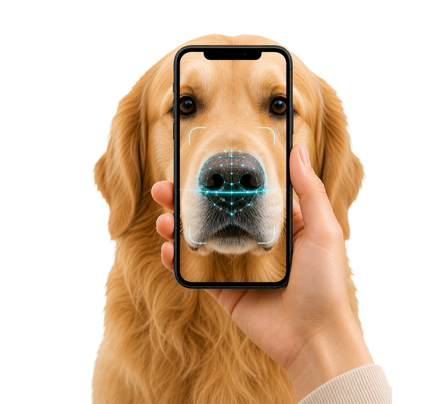 Celular escaneando o focinho de um cachorro