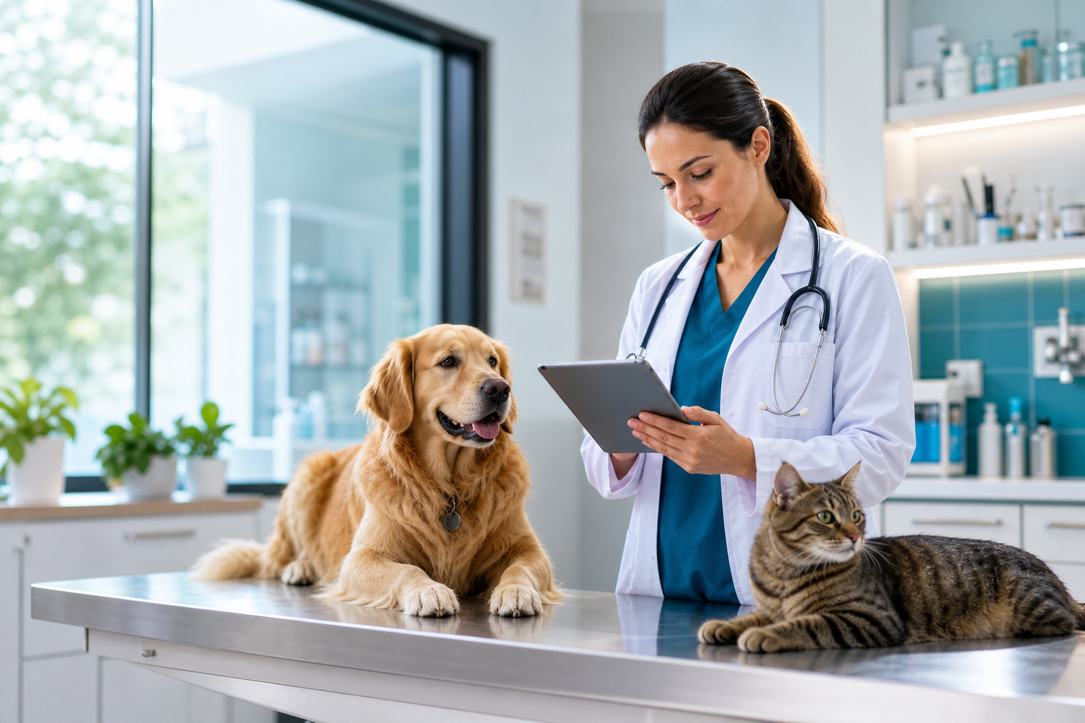 Veterinária usando tablet com cachorro e gato em uma clínica moderna