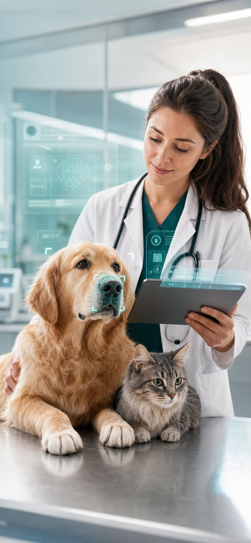 Veterinária usando tablet com cachorro e gato em uma clínica moderna